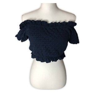 Lefties Off-shoulder Ruffled Navy Blue Crop Top
